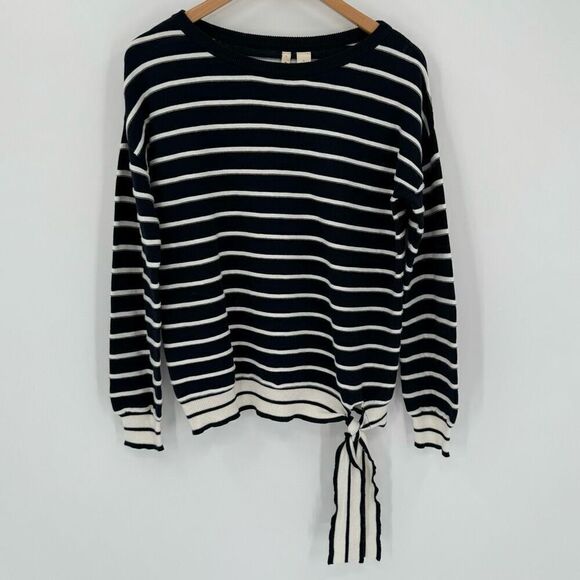 Anthropologie Moth Striped Tie Hem Long Sleeve Sweater Women Small Navy White - Picture 1 of 6
